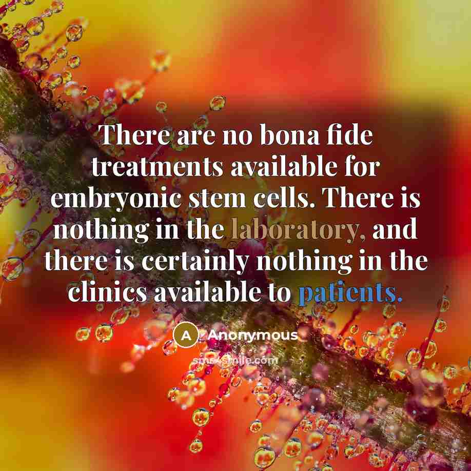 “There are no bona fide treatments available for embryonic stem cells. There is nothing in the laboratory, and there is certainly nothing in the clinics available to patients.” quote by Anonymous