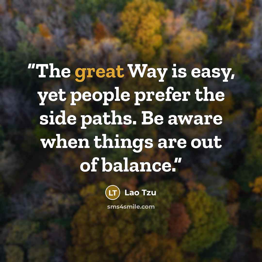 “The great Way is easy, yet people prefer the side paths. Be aware when things are out of balance.” quote by Lao Tzu