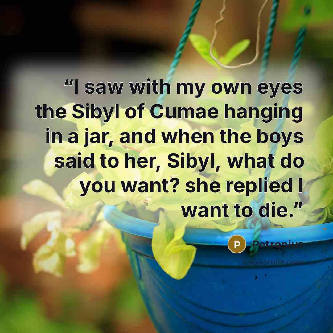 “I saw with my own eyes the Sibyl of Cumae hanging in a jar, and when the boys said to her, Sibyl, what do you want? she replied I want to die.” quote by Petronius