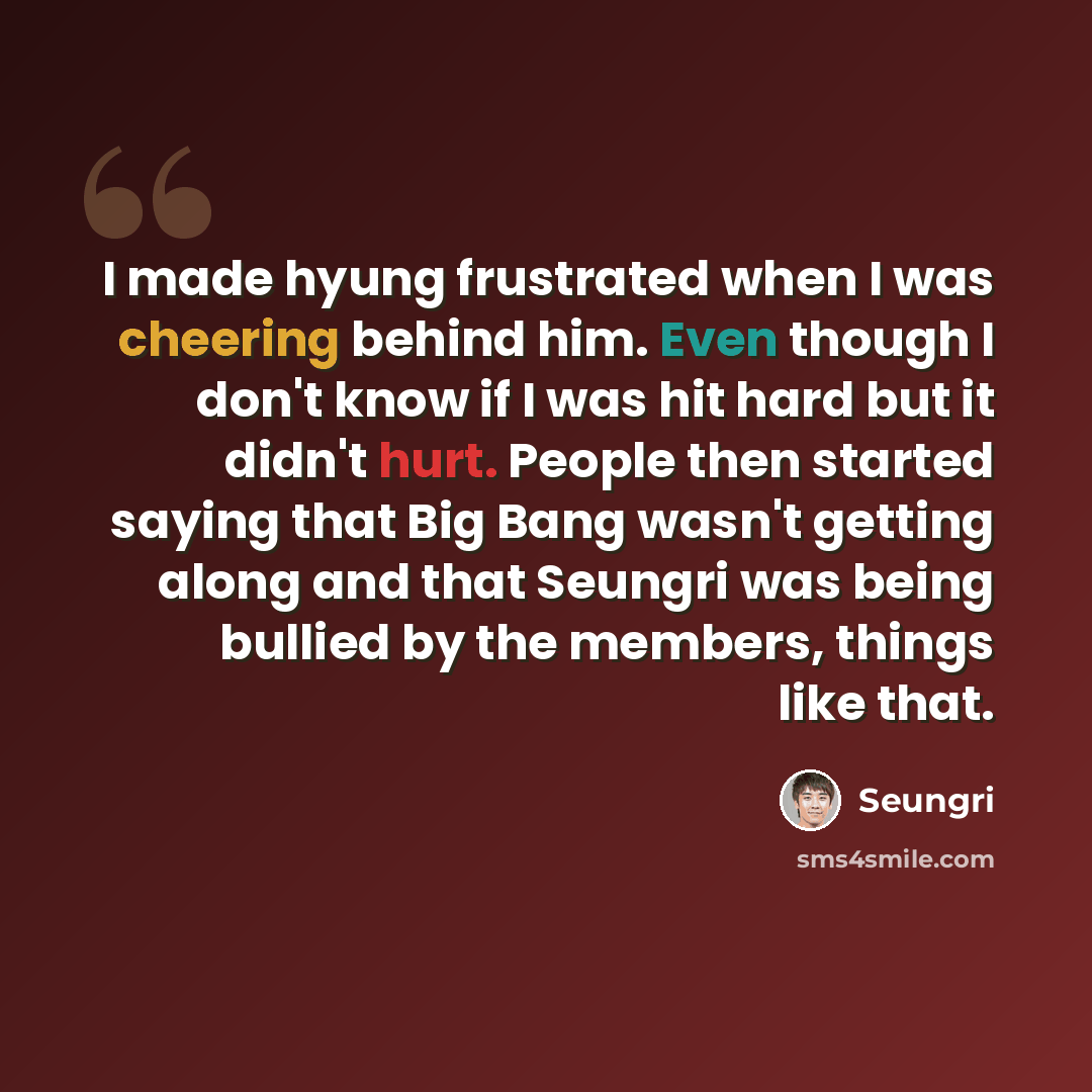 “I made hyung frustrated when I was cheering behind him. Even though I don't know if I was hit hard but it didn't hurt. People then started saying that Big Bang wasn't getting along and that Seungri was being bullied by the members, things like that.” quote by Seungri