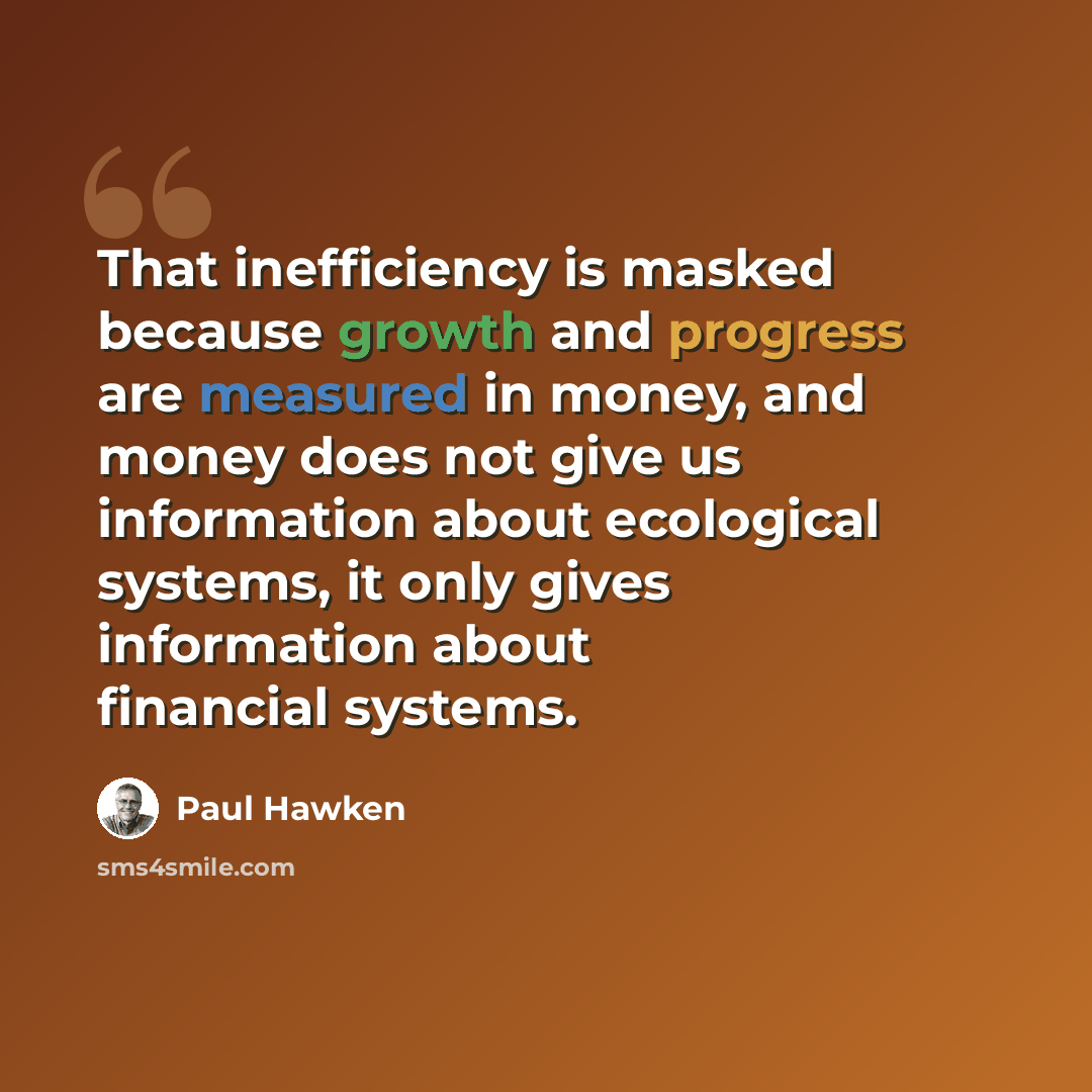 “That inefficiency is masked because growth and progress are measured in money, and money does not give us information about ecological systems, it only gives information about financial systems.” quote by Paul Hawken