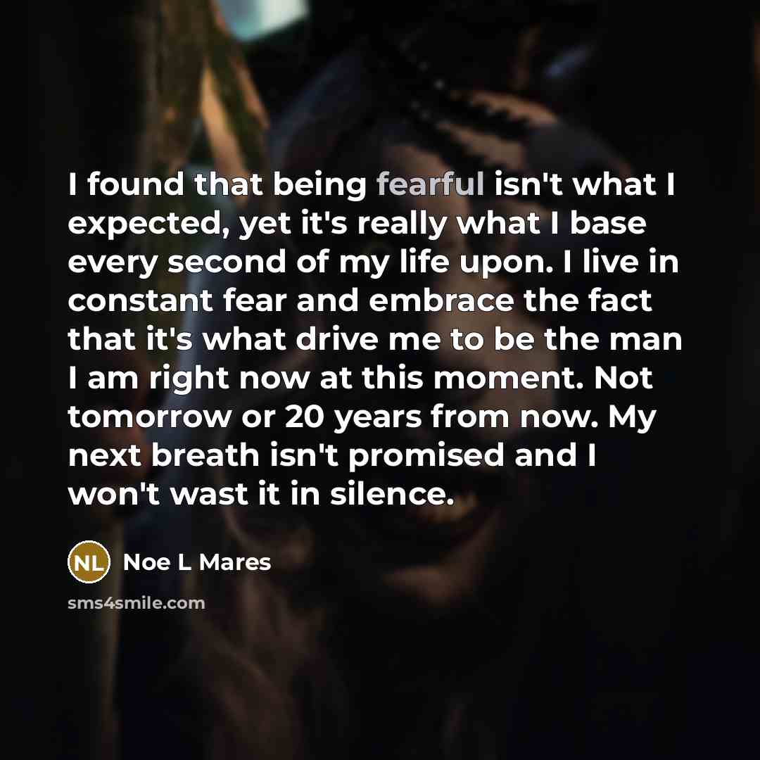 “I found that being fearful isn't what I expected, yet it's really what I base every second of my life upon. I live in constant fear and embrace the fact that it's what drive me to be the man I am right now at this moment. Not tomorrow or 20 years from now. My next breath isn't promised and I won't…” quote by Noe L Mares