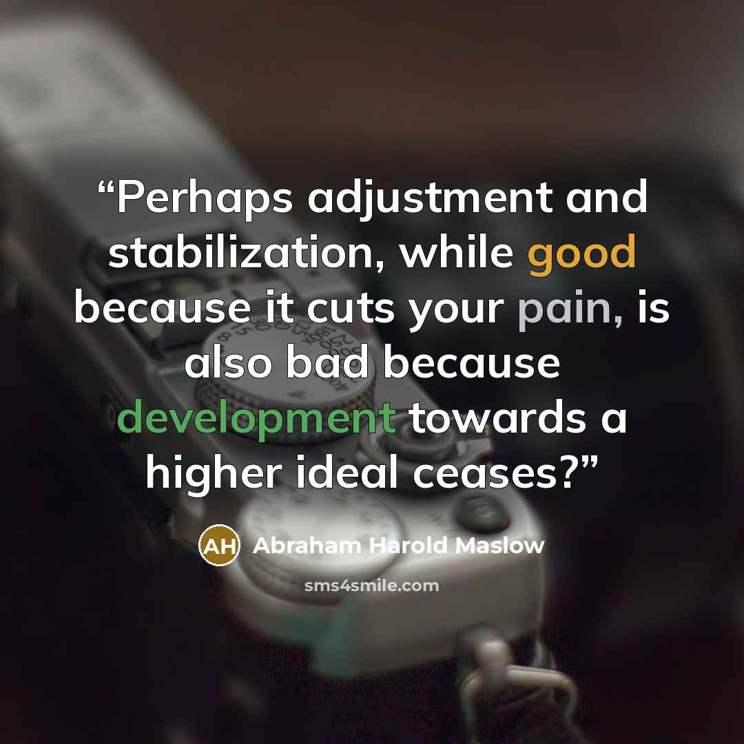 “Perhaps adjustment and stabilization, while good because it cuts your pain, is also bad because development towards a higher ideal ceases?” quote by Abraham Harold Maslow