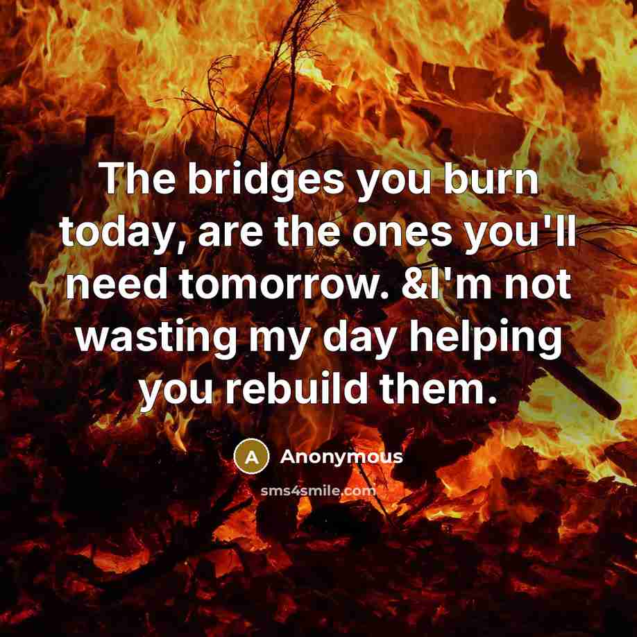 “The bridges you burn today, are the ones you'll need tomorrow. &I'm not wasting my day helping you rebuild them.” quote by Anonymous