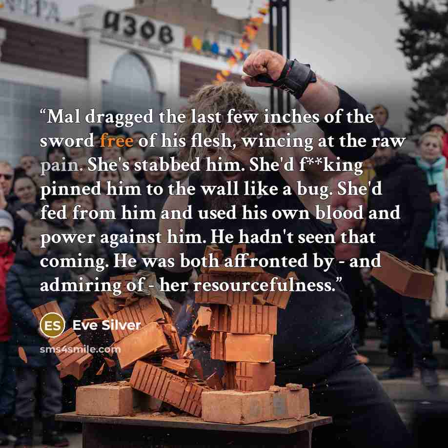 “Mal dragged the last few inches of the sword free of his flesh, wincing at the raw pain. She's stabbed him. She'd f**king pinned him to the wall like a bug. She'd fed from him and used his own blood and power against him. He hadn't seen that coming. He was both affronted by - and admiring of - her…” quote by Eve Silver
