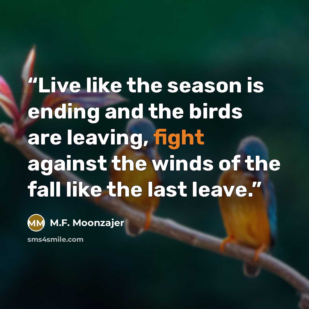 “Live like the season is ending and the birds are leaving, fight against the winds of the fall like the last leave.” quote by M.F. Moonzajer