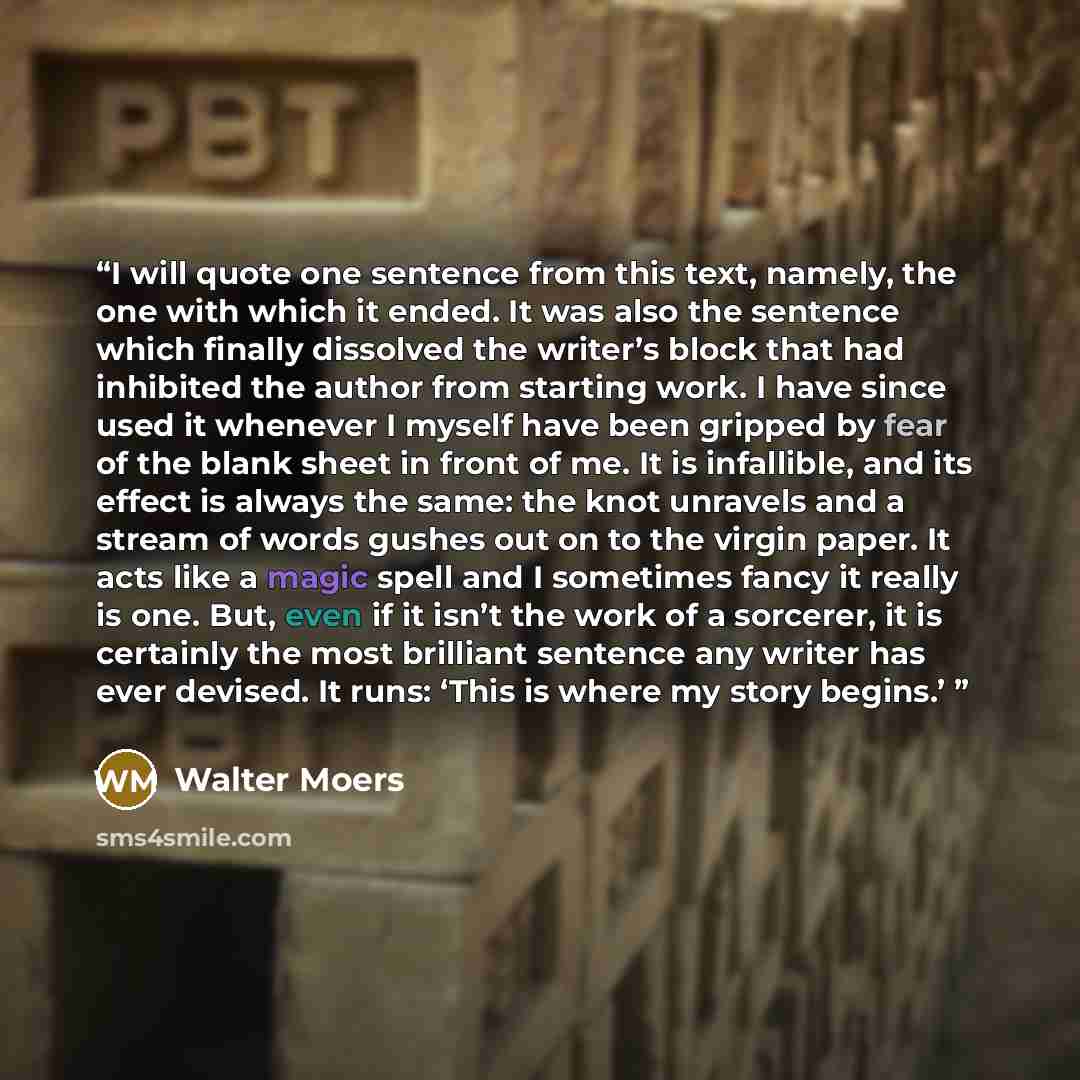 “I will quote one sentence from this text, namely, the one with which it ended. It was also the sentence which finally dissolved the writer’s block that had inhibited the author from starting work. I have since used it whenever I myself have been gripped by fear of the blank sheet in front of me…” quote by Walter Moers
