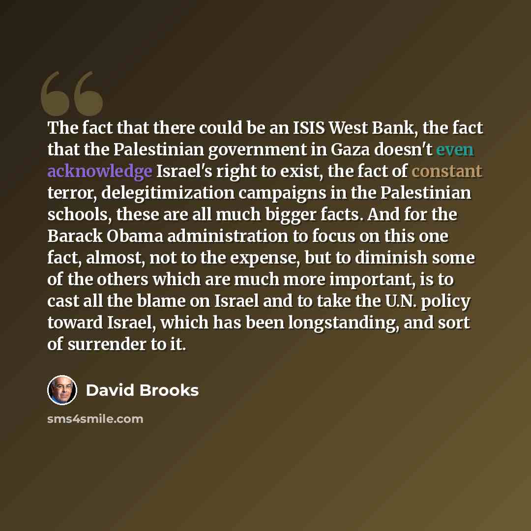 “The fact that there could be an ISIS West Bank, the fact that the Palestinian government in Gaza doesn't even acknowledge Israel's right to exist, the fact of constant terror, delegitimization campaigns in the Palestinian schools, these are all much bigger facts. And for the Barack Obama…” quote by David Brooks