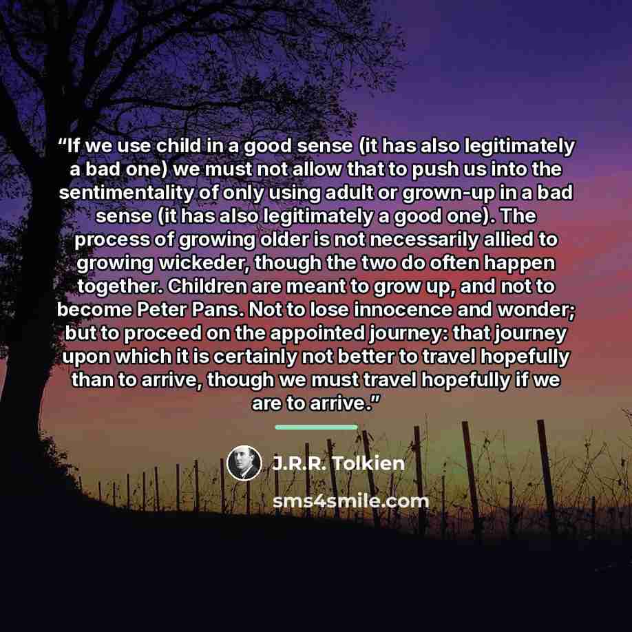 “If we use child in a good sense (it has also legitimately a bad one) we must not allow that to push us into the sentimentality of only using adult or grown-up in a bad sense (it has also legitimately a good one). The process of growing older is not necessarily allied to growing wickeder, though…” quote by J.R.R. Tolkien