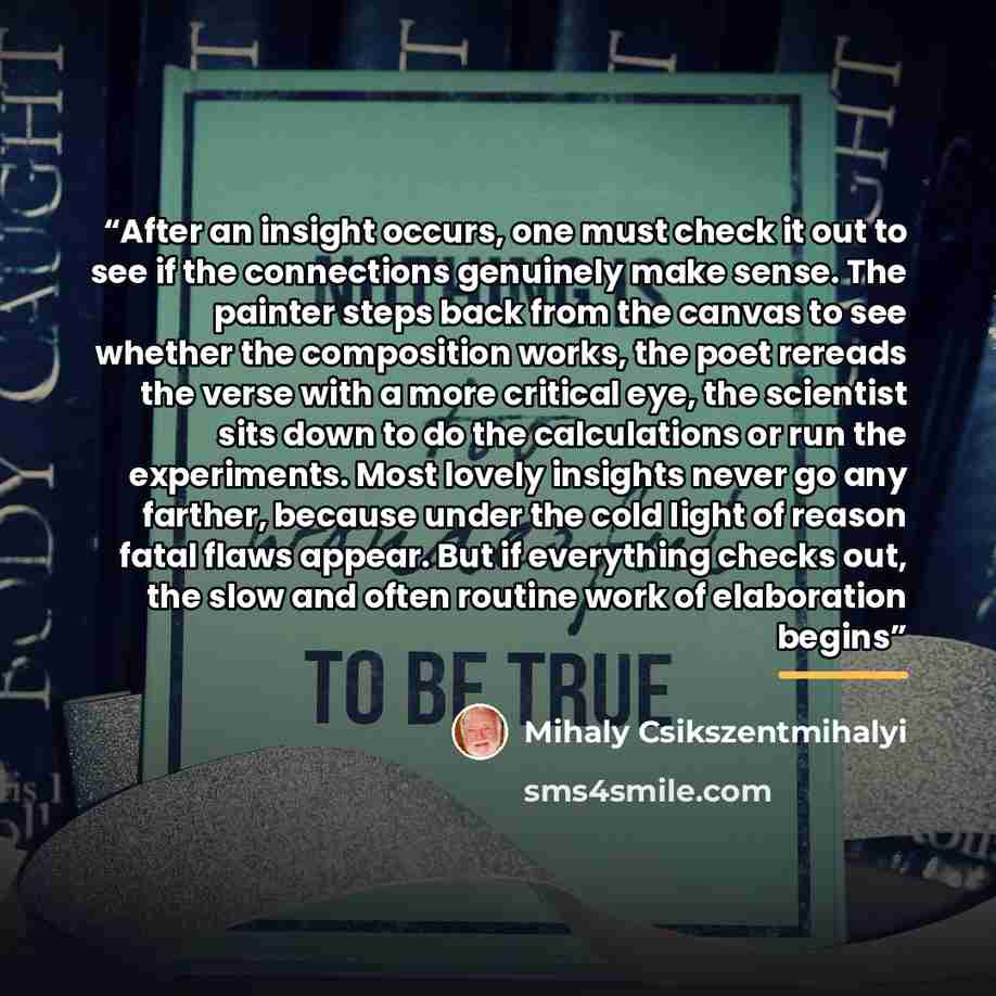 “After an insight occurs, one must check it out to see if the connections genuinely make sense. The painter steps back from the canvas to see whether the composition works, the poet rereads the verse with a more critical eye, the scientist sits down to do the calculations or run the experiments…” quote by Mihaly Csikszentmihalyi