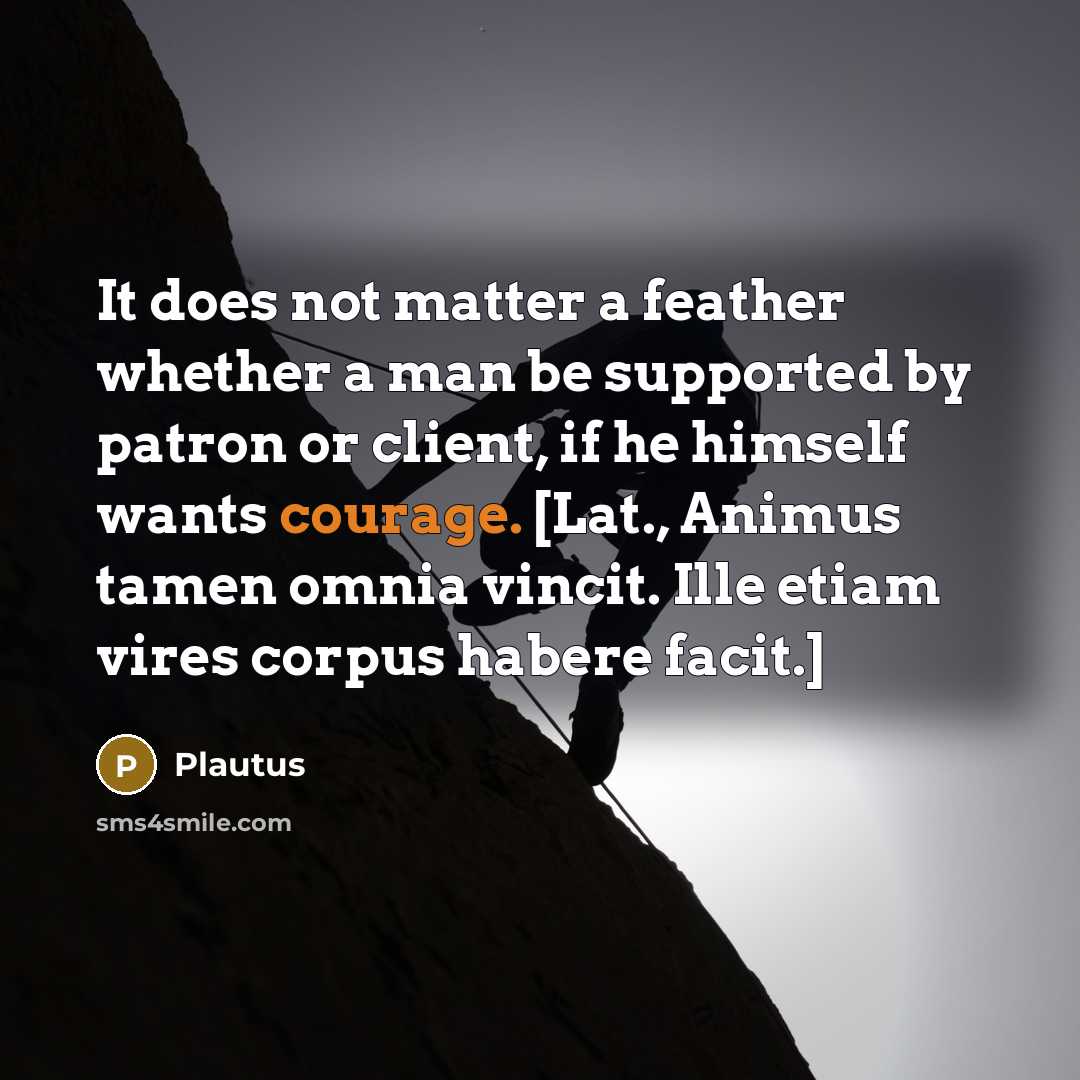 “It does not matter a feather whether a man be supported by patron or client, if he himself wants courage. [Lat., Animus tamen omnia vincit. Ille etiam vires corpus habere facit.]” quote by Plautus