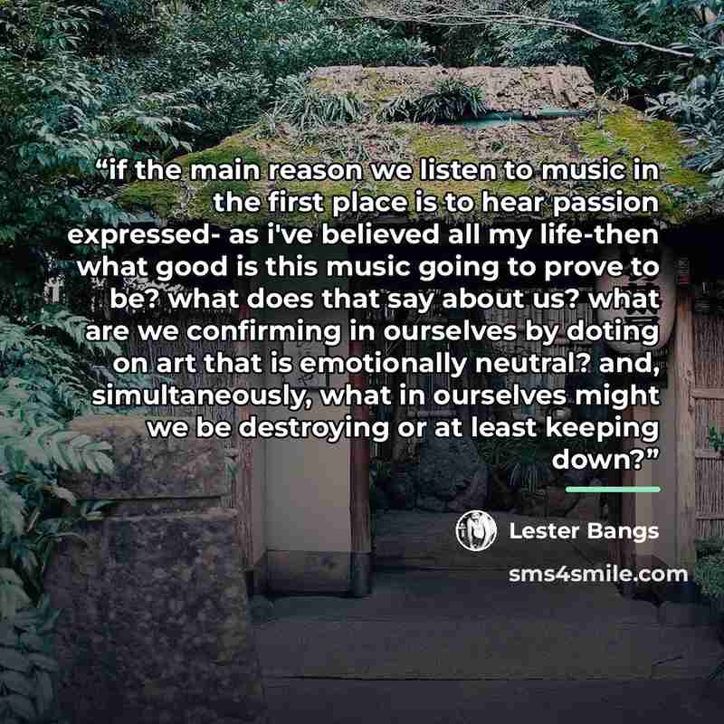 “if the main reason we listen to music in the first place is to hear passion expressed- as i've believed all my life-then what good is this music going to prove to be? what does that say about us? what are we confirming in ourselves by doting on art that is emotionally neutral? and, simultaneously…” quote by Lester Bangs