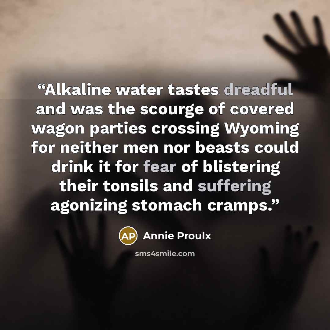 “Alkaline water tastes dreadful and was the scourge of covered wagon parties crossing Wyoming for neither men nor beasts could drink it for fear of blistering their tonsils and suffering agonizing stomach cramps.” quote by Annie Proulx