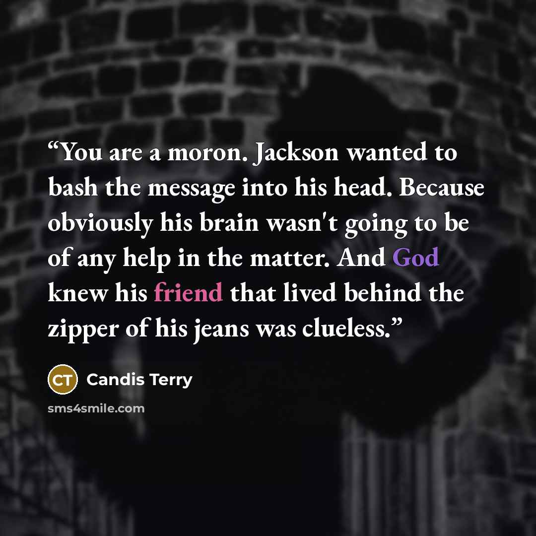 “You are a moron. Jackson wanted to bash the message into his head. Because obviously his brain wasn't going to be of any help in the matter. And God knew his friend that lived behind the zipper of his jeans was clueless.” quote by Candis Terry