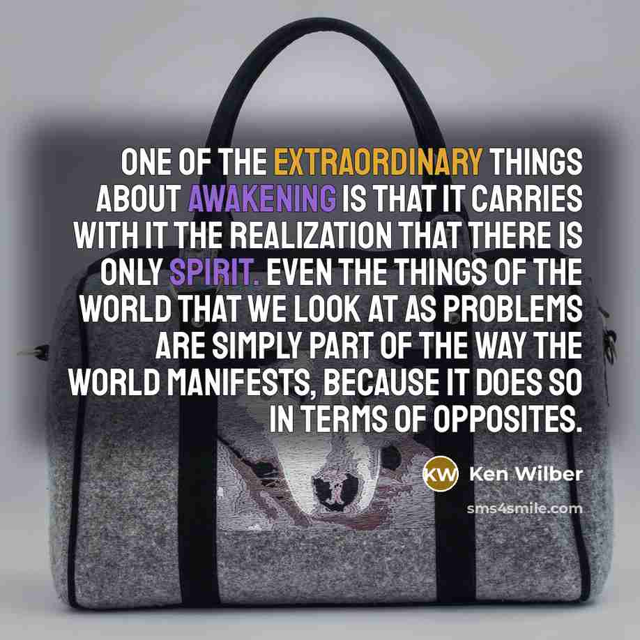 “One of the extraordinary things about awakening is that it carries with it the realization that there is only Spirit. Even the things of the world that we look at as problems are simply part of the way the world manifests, because it does so in terms of opposites.” quote by Ken Wilber