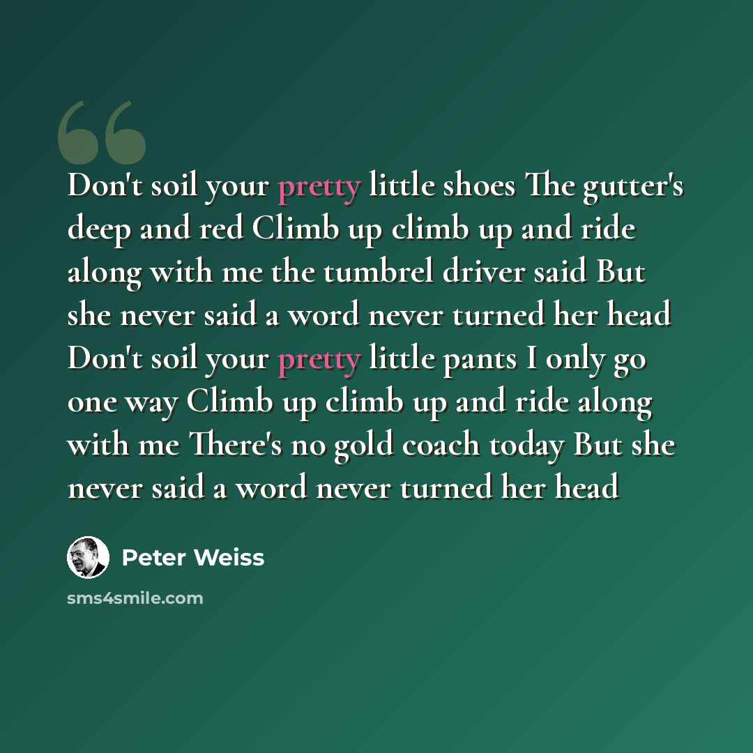 “Don't soil your pretty little shoes The gutter's deep and red Climb up climb up and ride along with me the tumbrel driver said But she never said a word never turned her head Don't soil your pretty little pants I only go one way Climb up climb up and ride along with me There's no gold coach today…” quote by Peter Weiss