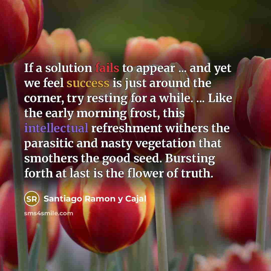 “If a solution fails to appear ... and yet we feel success is just around the corner, try resting for a while. ... Like the early morning frost, this intellectual refreshment withers the parasitic and nasty vegetation that smothers the good seed. Bursting forth at last is the flower of truth.” quote by Santiago Ramon y Cajal
