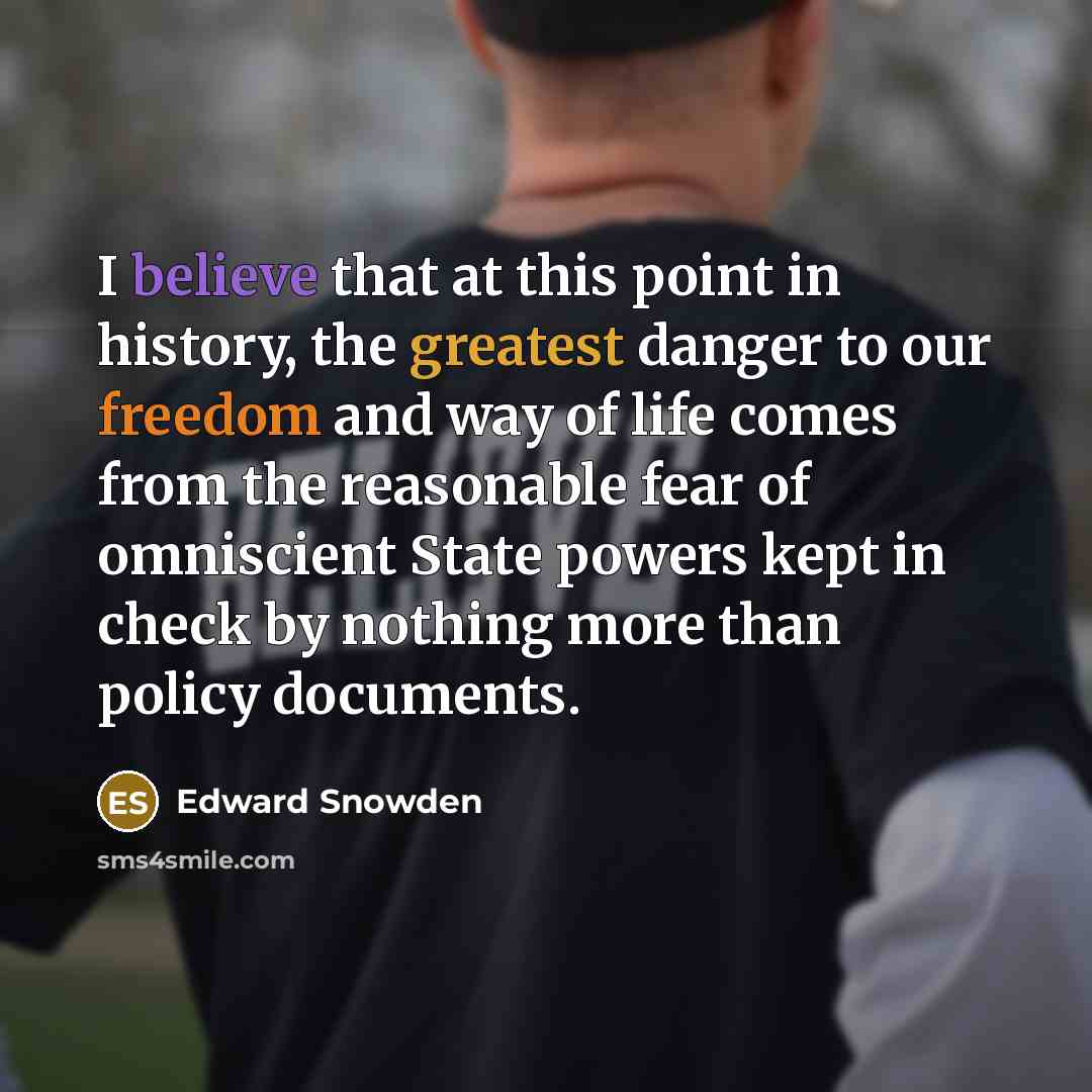 “I believe that at this point in history, the greatest danger to our freedom and way of life comes from the reasonable fear of omniscient State powers kept in check by nothing more than policy documents.” quote by Edward Snowden