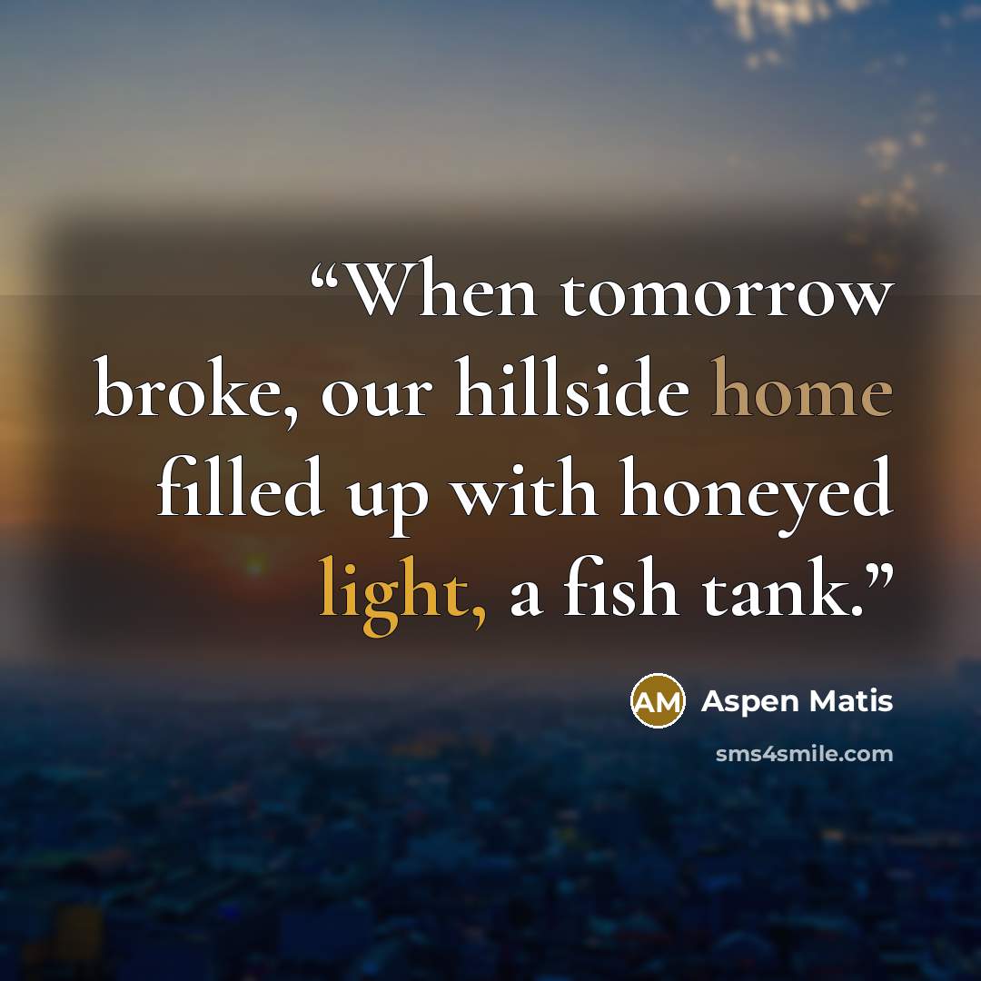 “When tomorrow broke, our hillside home filled up with honeyed light, a fish tank.” quote by Aspen Matis