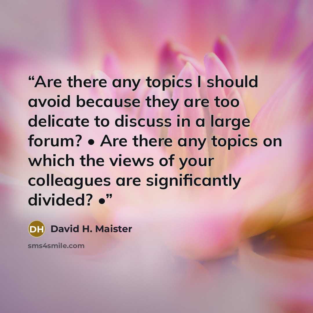 “Are there any topics I should avoid because they are too delicate to discuss in a large forum? • Are there any topics on which the views of your colleagues are significantly divided? •” quote by David H. Maister