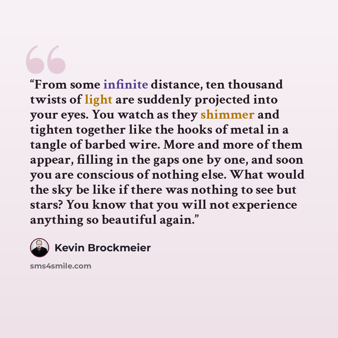 “From some infinite distance, ten thousand twists of light are suddenly projected into your eyes. You watch as they shimmer and tighten together like the hooks of metal in a tangle of barbed wire. More and more of them appear, filling in the gaps one by one, and soon you are conscious of nothing…” quote by Kevin Brockmeier