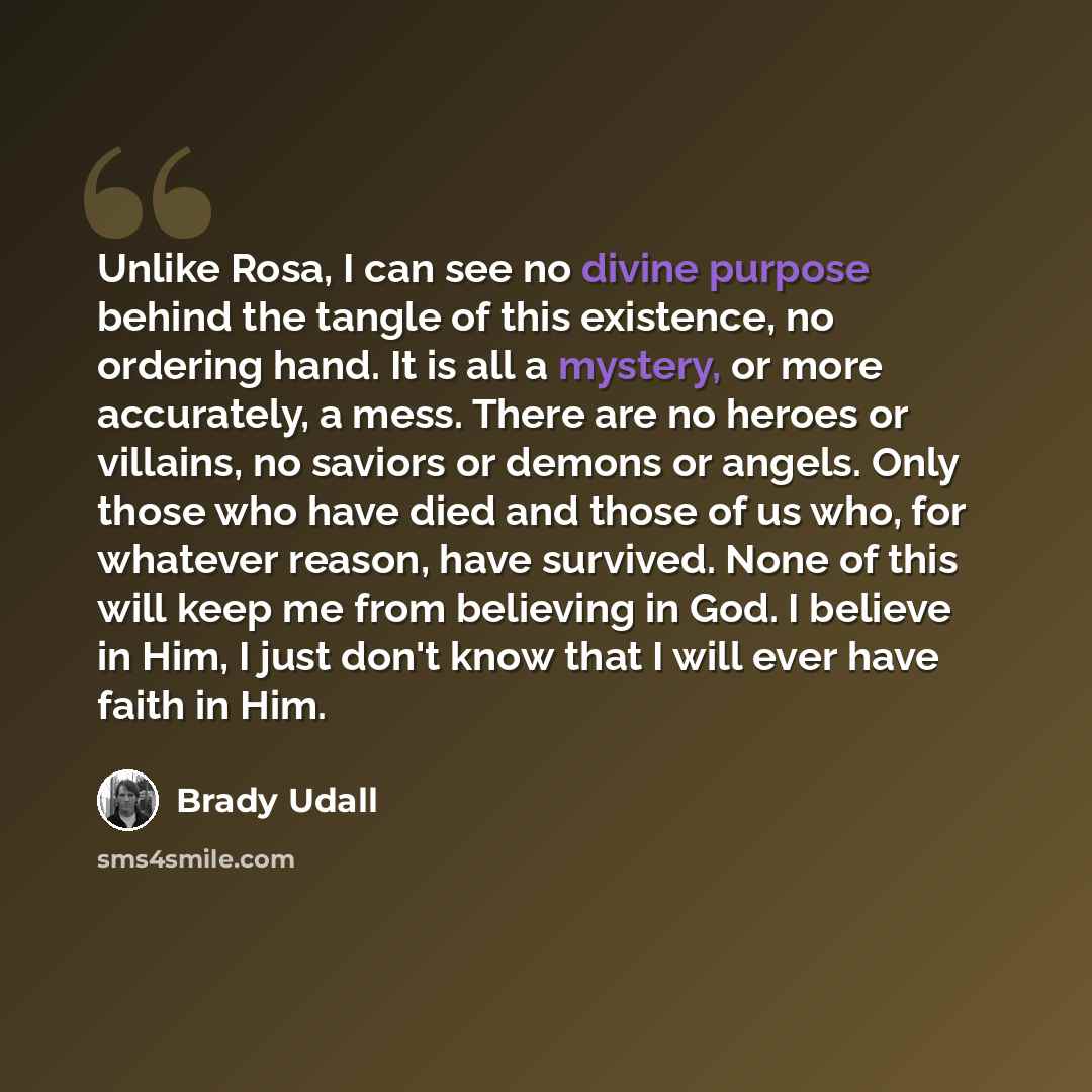 “Unlike Rosa, I can see no divine purpose behind the tangle of this existence, no ordering hand. It is all a mystery, or more accurately, a mess. There are no heroes or villains, no saviors or demons or angels. Only those who have died and those of us who, for whatever reason, have survived. None…” quote by Brady Udall