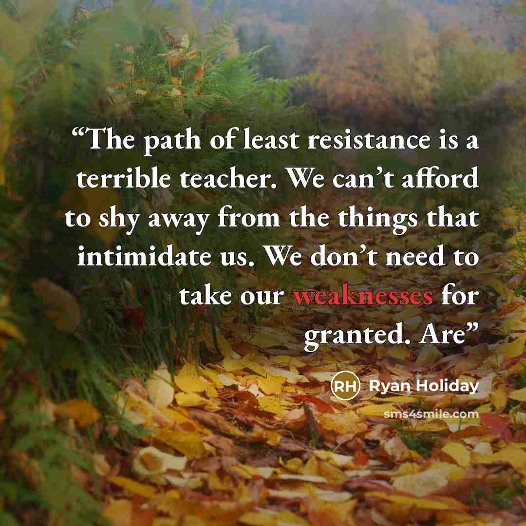 “The path of least resistance is a terrible teacher. We can’t afford to shy away from the things that intimidate us. We don’t need to take our weaknesses for granted. Are” quote by Ryan Holiday