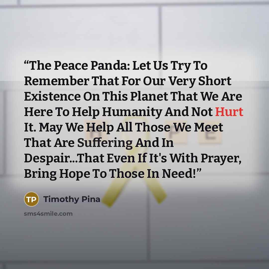“The Peace Panda: Let Us Try To Remember That For Our Very Short Existence On This Planet That We Are Here To Help Humanity And Not Hurt It. May We Help All Those We Meet That Are Suffering And In Despair...That Even If It's With Prayer, Bring Hope To Those In Need!” quote by Timothy Pina