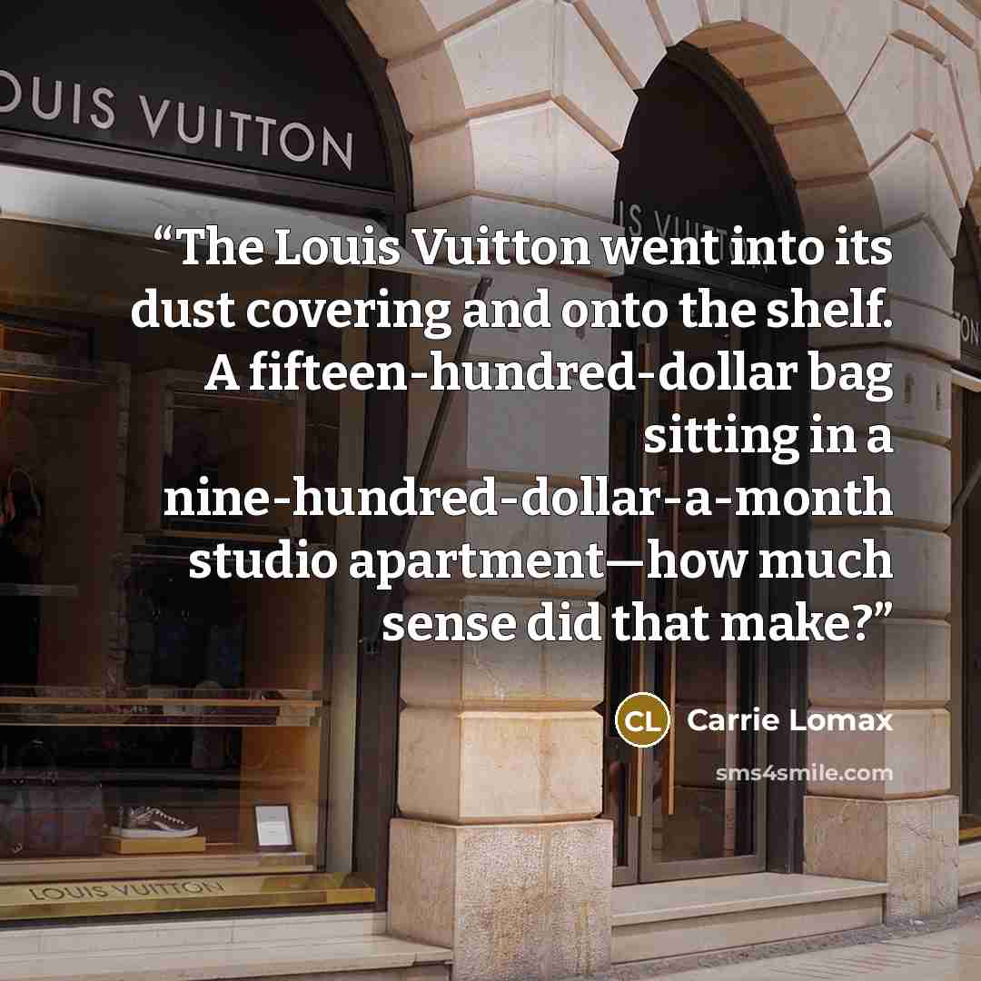 “The Louis Vuitton went into its dust covering and onto the shelf. A fifteen-hundred-dollar bag sitting in a nine-hundred-dollar-a-month studio apartment—how much sense did that make?” quote by Carrie Lomax