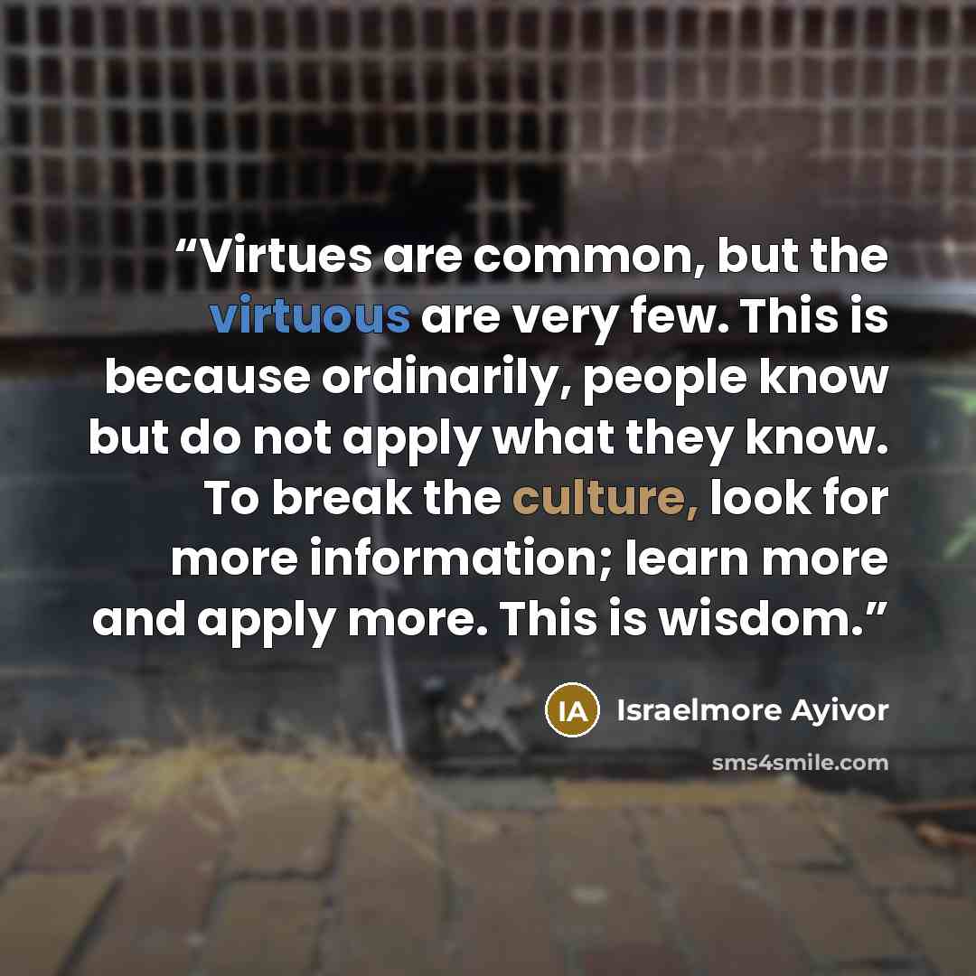 “Virtues are common, but the virtuous are very few. This is because ordinarily, people know but do not apply what they know. To break the culture, look for more information; learn more and apply more. This is wisdom.” quote by Israelmore Ayivor