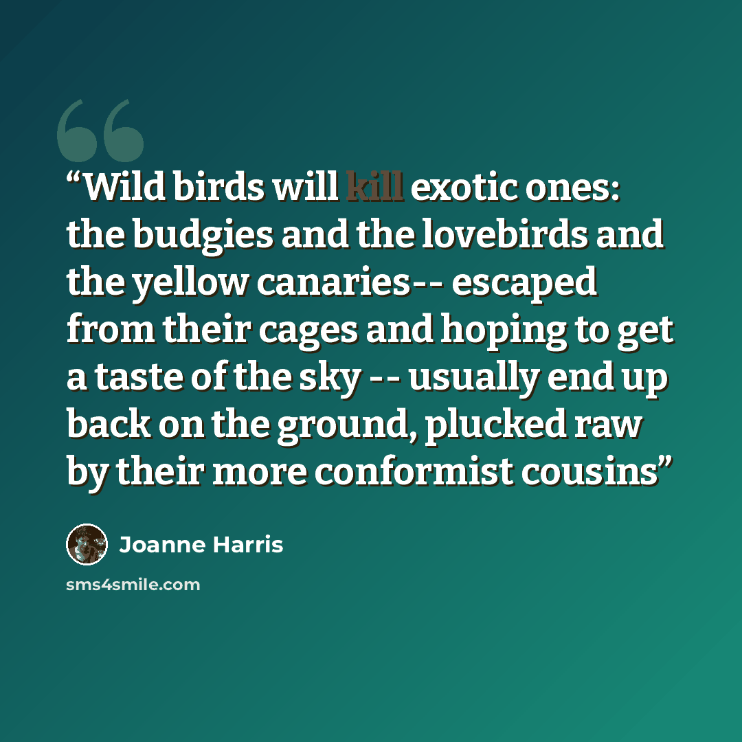 “Wild birds will kill exotic ones: the budgies and the lovebirds and the yellow canaries-- escaped from their cages and hoping to get a taste of the sky -- usually end up back on the ground, plucked raw by their more conformist cousins” quote by Joanne Harris