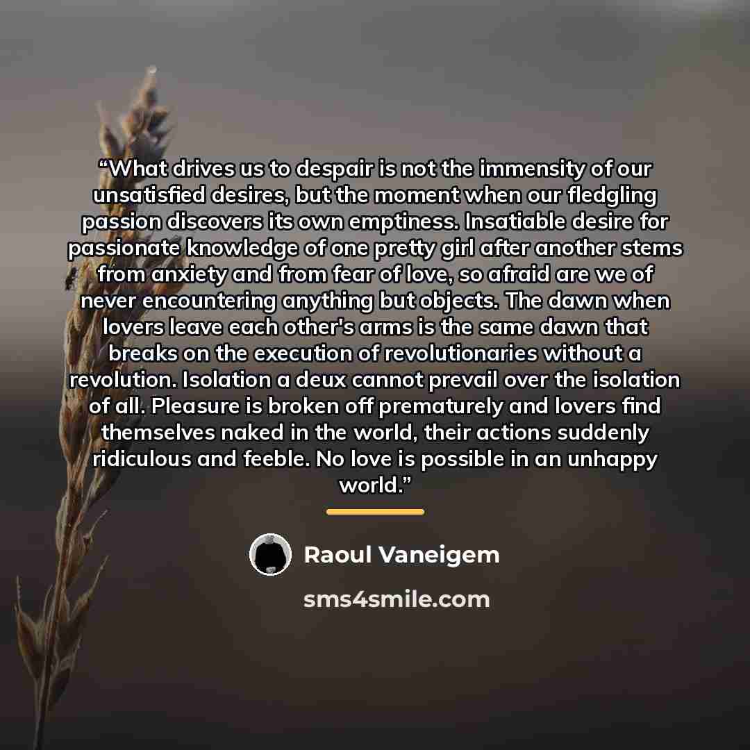 “What drives us to despair is not the immensity of our unsatisfied desires, but the moment when our fledgling passion discovers its own emptiness. Insatiable desire for passionate knowledge of one pretty girl after another stems from anxiety and from fear of love, so afraid are we of never…” quote by Raoul Vaneigem