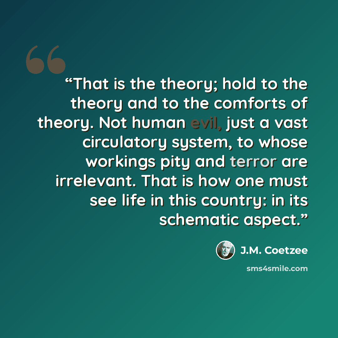 “That is the theory; hold to the theory and to the comforts of theory. Not human evil, just a vast circulatory system, to whose workings pity and terror are irrelevant. That is how one must see life in this country: in its schematic aspect.” quote by J.M. Coetzee