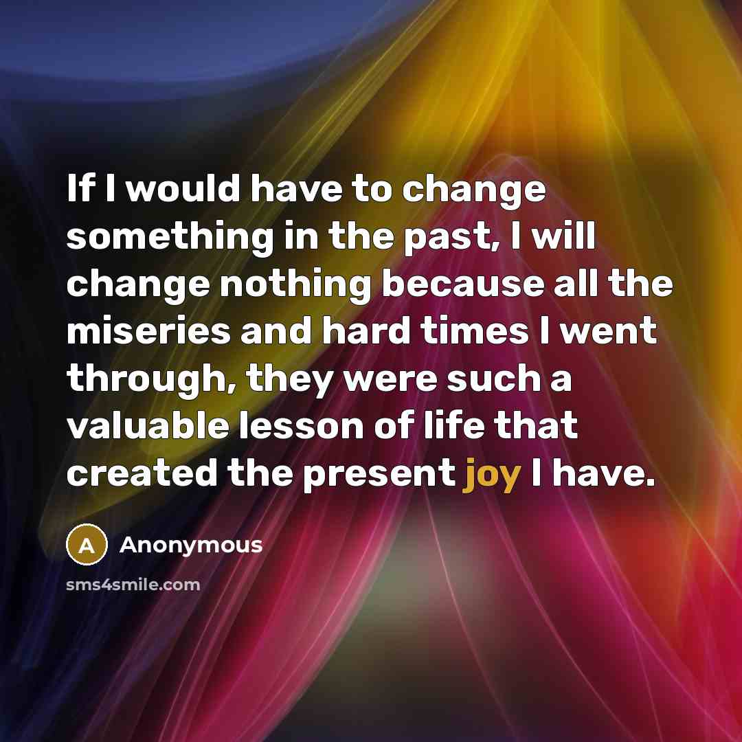 “If I would have to change something in the past, I will change nothing because all the miseries and hard times I went through, they were such a valuable lesson of life that created the present joy I have.” quote by Anonymous