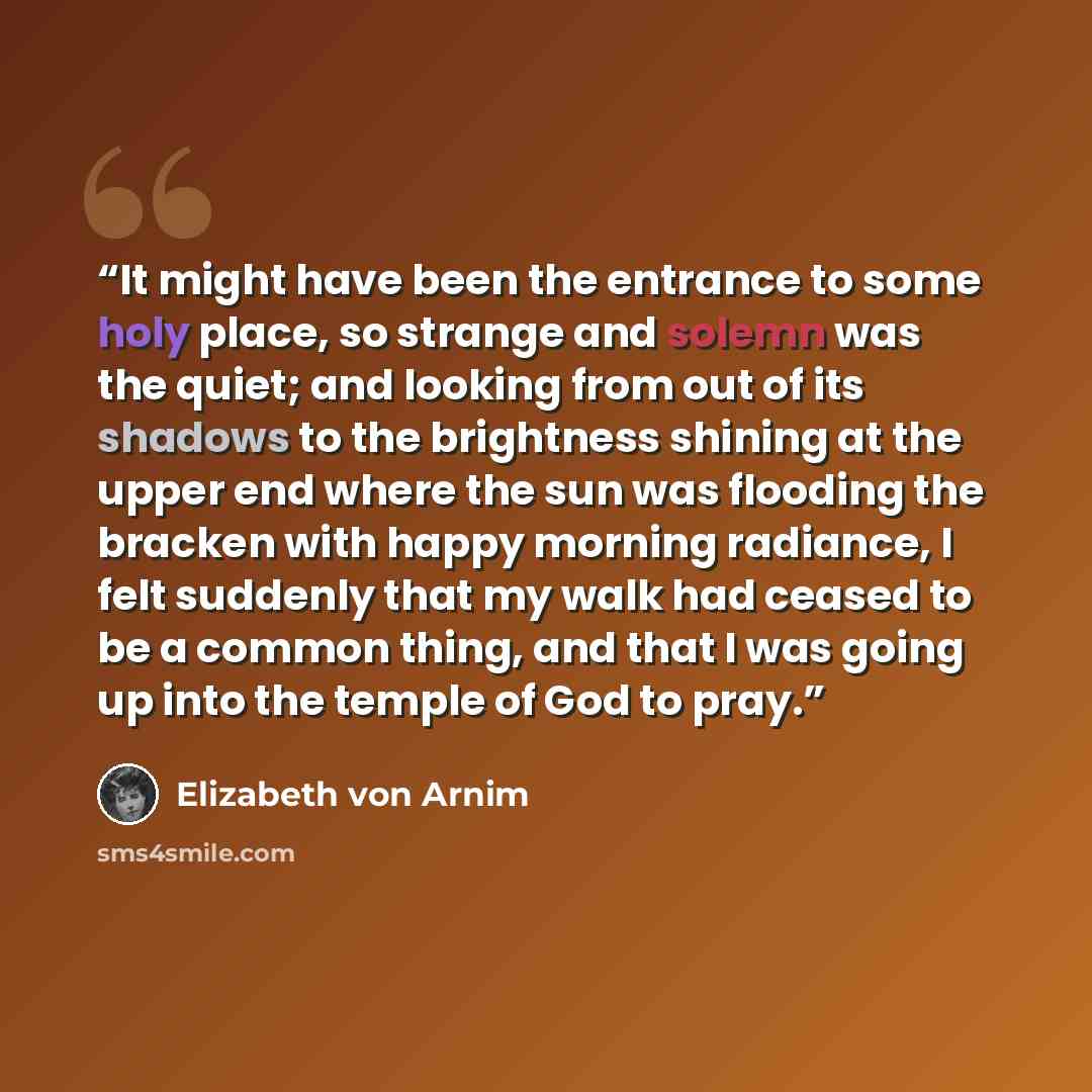 “It might have been the entrance to some holy place, so strange and solemn was the quiet; and looking from out of its shadows to the brightness shining at the upper end where the sun was flooding the bracken with happy morning radiance, I felt suddenly that my walk had ceased to be a common thing…” quote by Elizabeth von Arnim