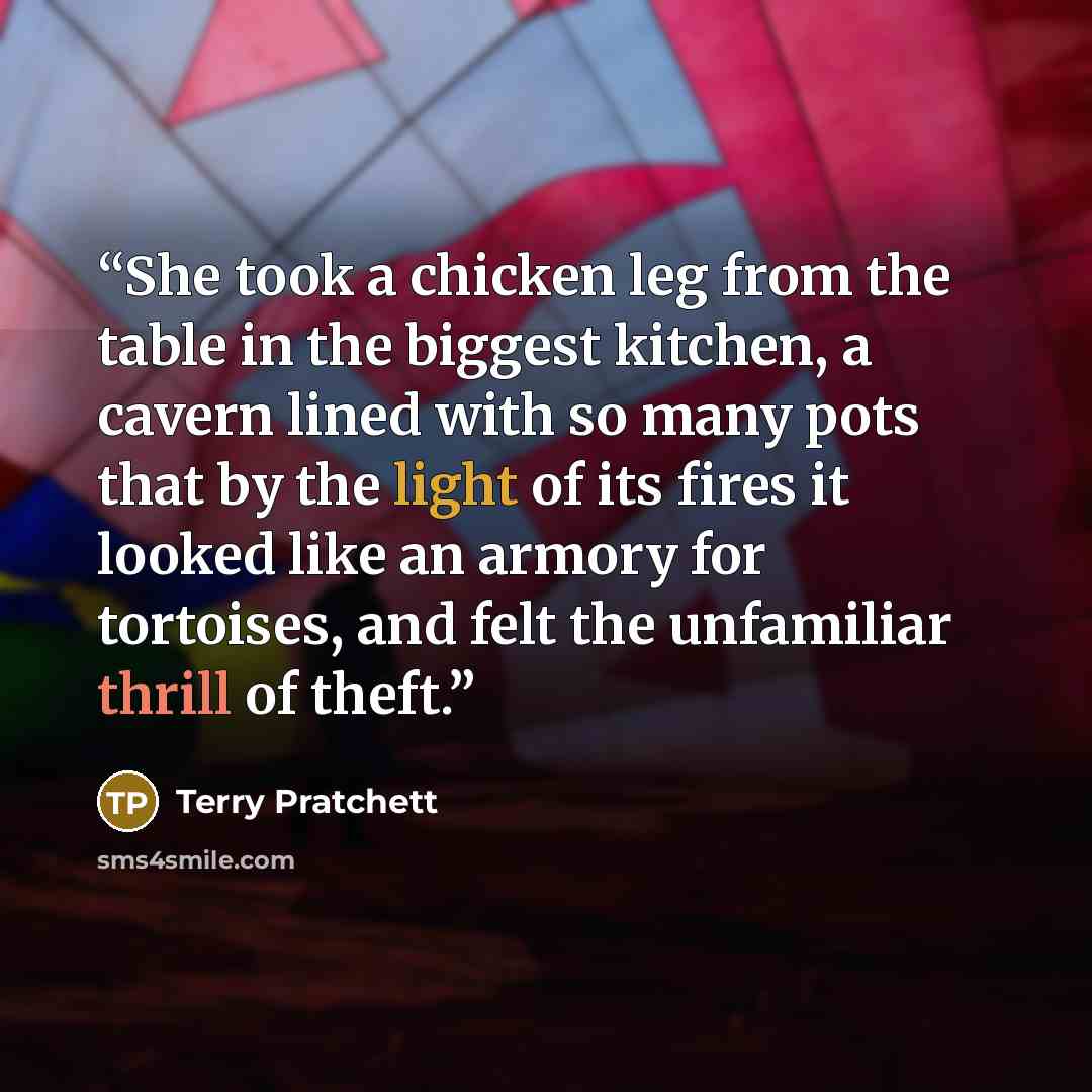 “She took a chicken leg from the table in the biggest kitchen, a cavern lined with so many pots that by the light of its fires it looked like an armory for tortoises, and felt the unfamiliar thrill of theft.” quote by Terry Pratchett