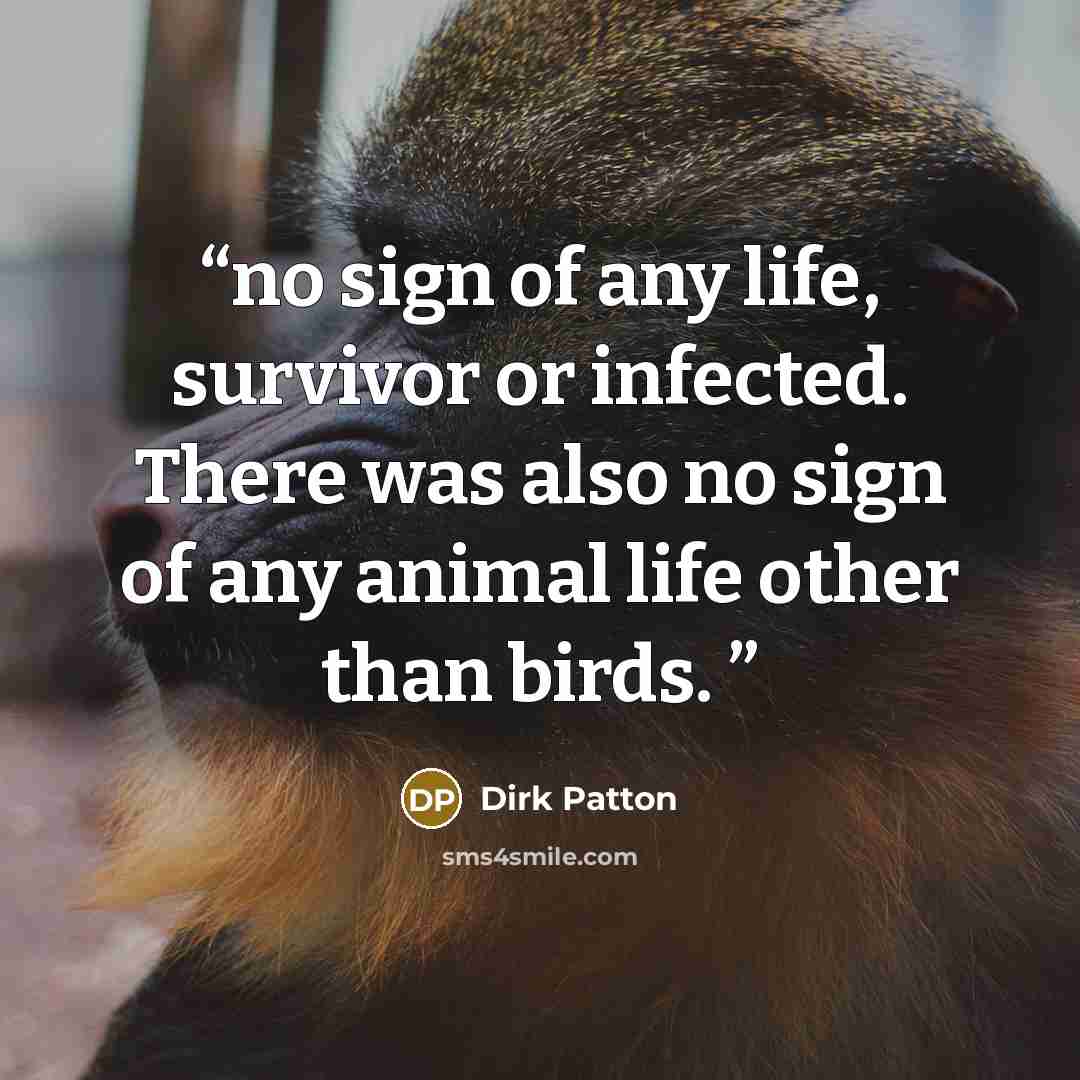 “no sign of any life, survivor or infected. There was also no sign of any animal life other than birds.” quote by Dirk Patton