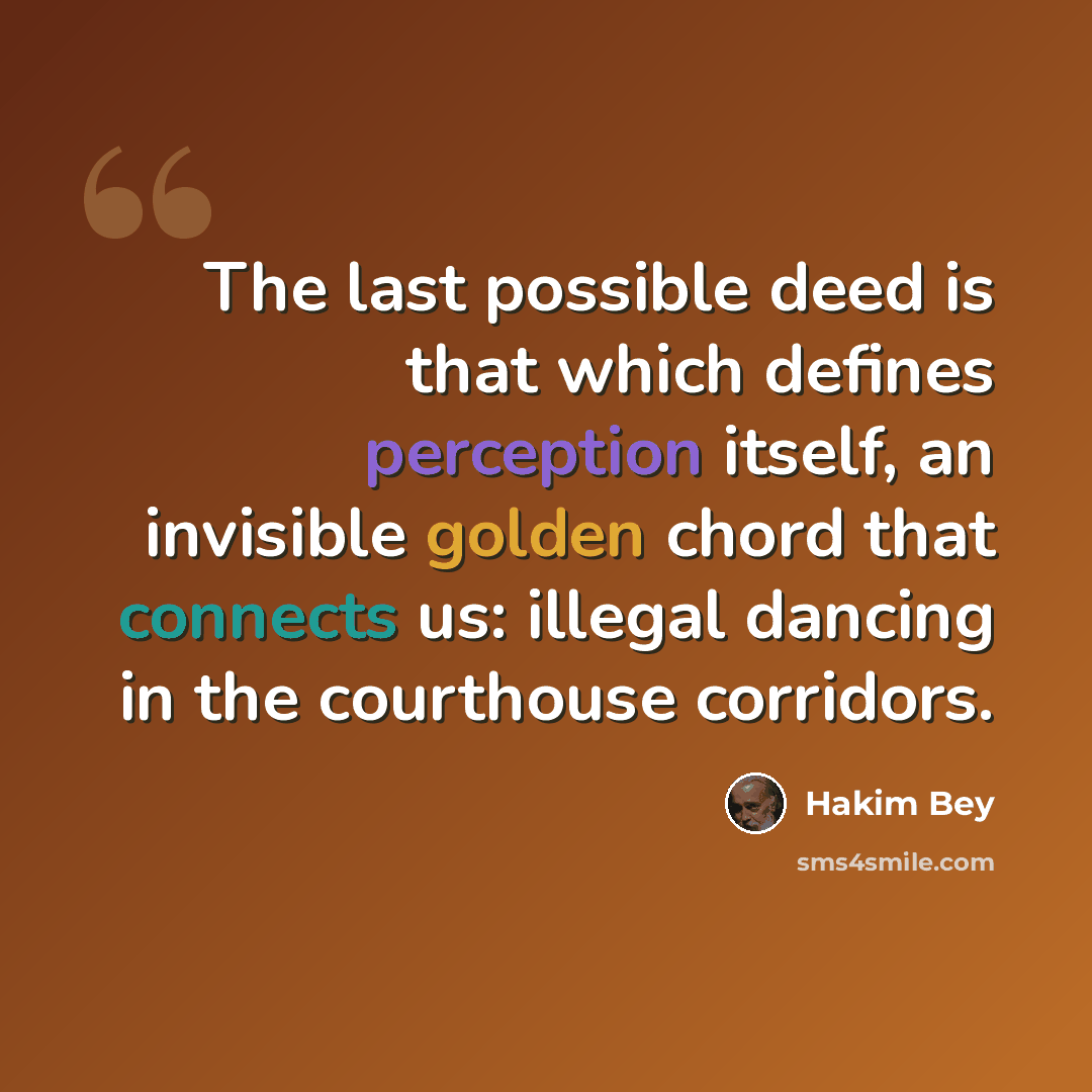 “The last possible deed is that which defines perception itself, an invisible golden chord that connects us: illegal dancing in the courthouse corridors.” quote by Hakim Bey
