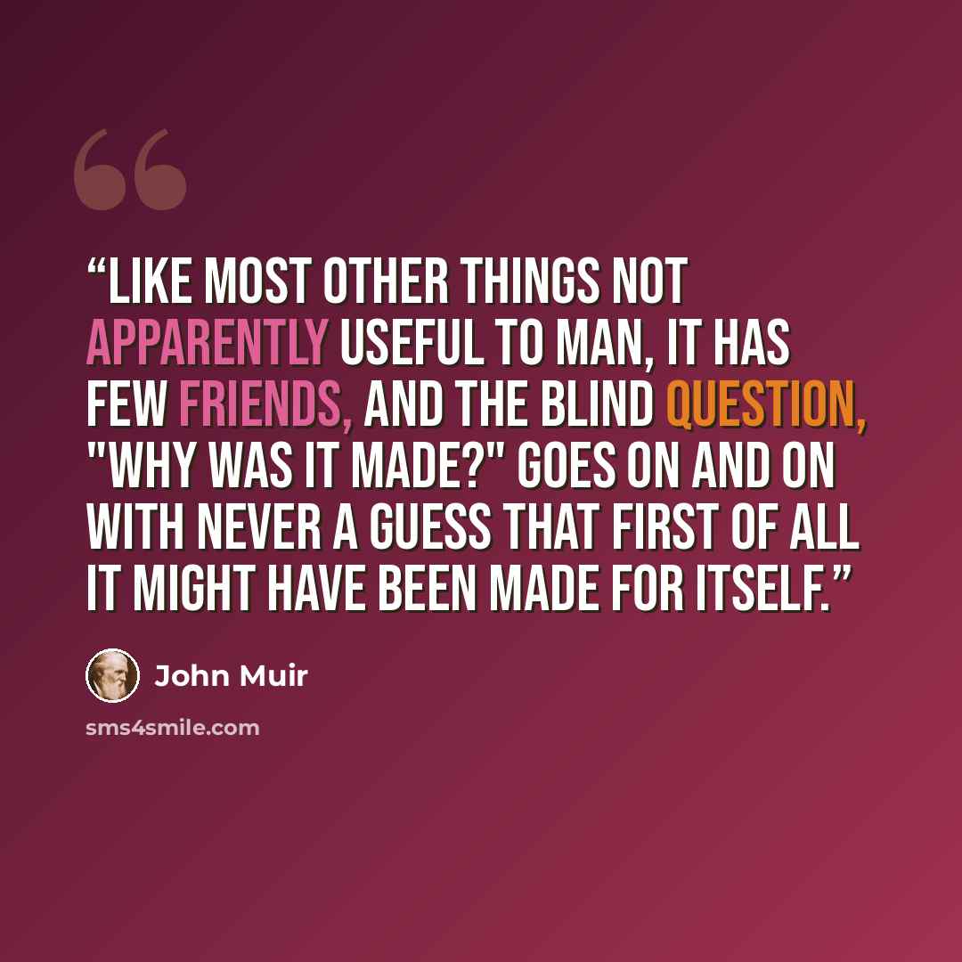 “Like most other things not apparently useful to man, it has few friends, and the blind question, "Why was it made?" goes on and on with never a guess that first of all it might have been made for itself.” quote by John Muir