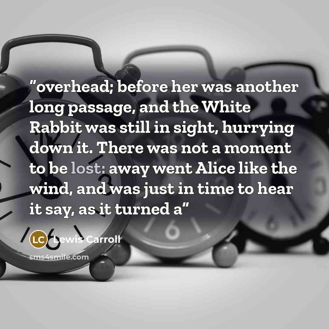 “overhead; before her was another long passage, and the White Rabbit was still in sight, hurrying down it. There was not a moment to be lost: away went Alice like the wind, and was just in time to hear it say, as it turned a” quote by Lewis Carroll