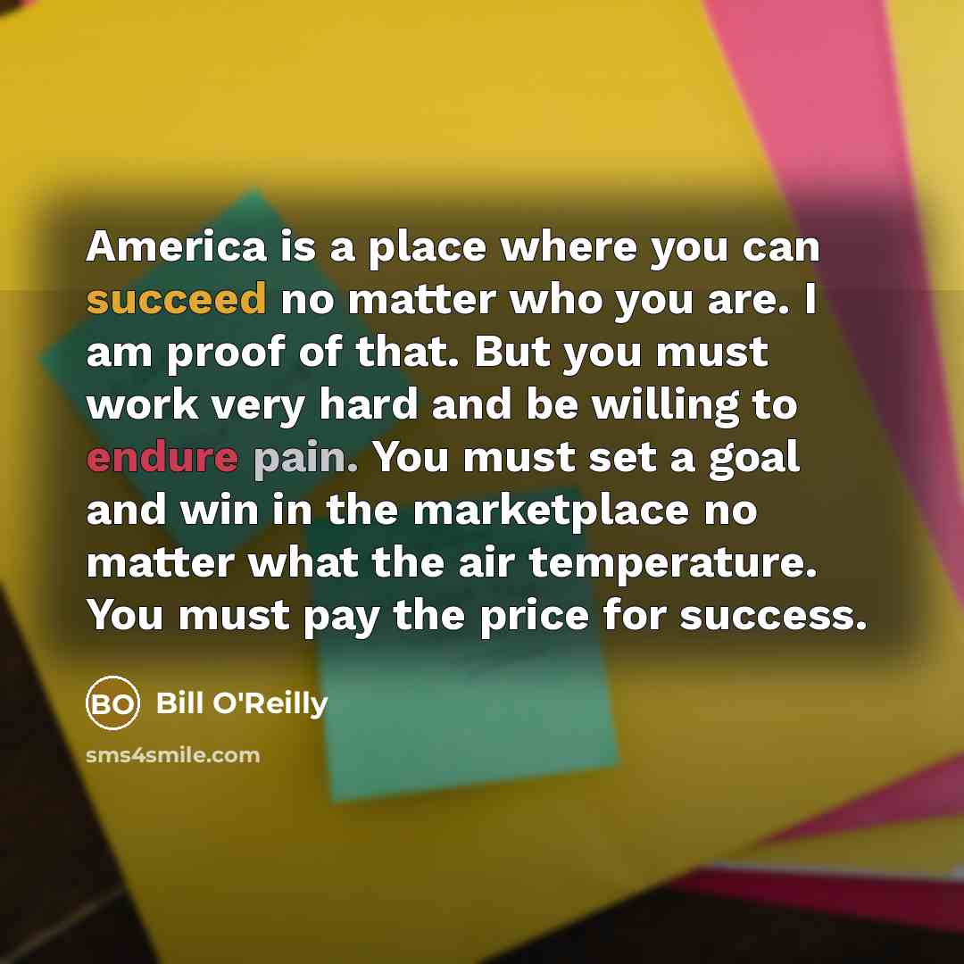 “America is a place where you can succeed no matter who you are. I am proof of that. But you must work very hard and be willing to endure pain. You must set a goal and win in the marketplace no matter what the air temperature. You must pay the price for success.” quote by Bill O'Reilly