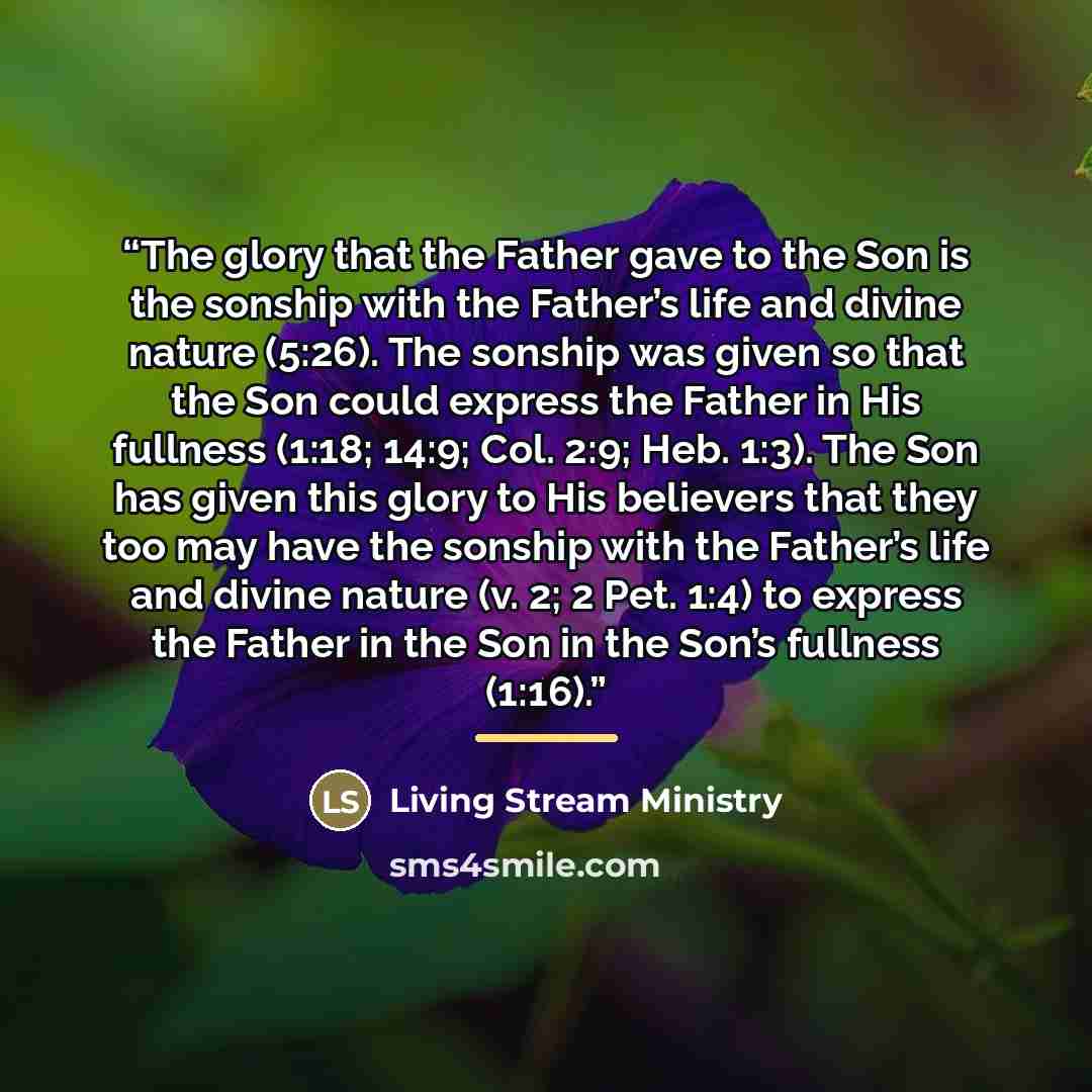 “The glory that the Father gave to the Son is the sonship with the Father’s life and divine nature (5:26). The sonship was given so that the Son could express the Father in His fullness (1:18; 14:9; Col. 2:9; Heb. 1:3). The Son has given this glory to His believers that they too may have the…” quote by Living Stream Ministry