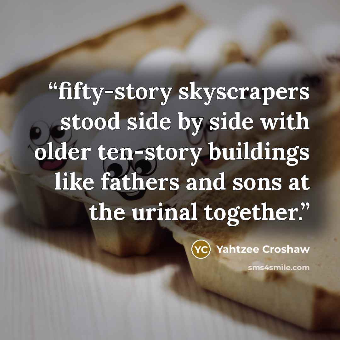 “fifty-story skyscrapers stood side by side with older ten-story buildings like fathers and sons at the urinal together.” quote by Yahtzee Croshaw