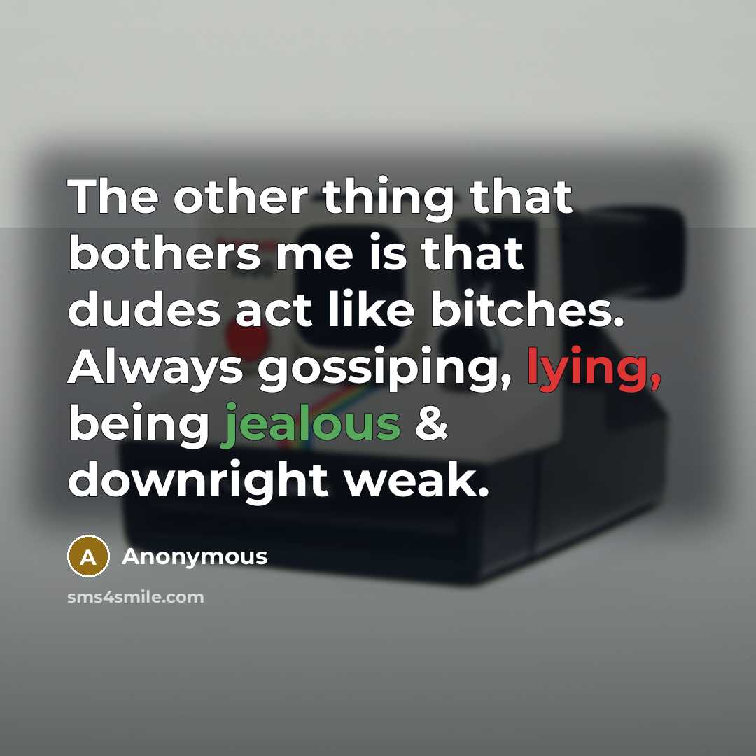“The other thing that bothers me is that dudes act like bitches. Always gossiping, lying, being jealous & downright weak.” quote by Anonymous