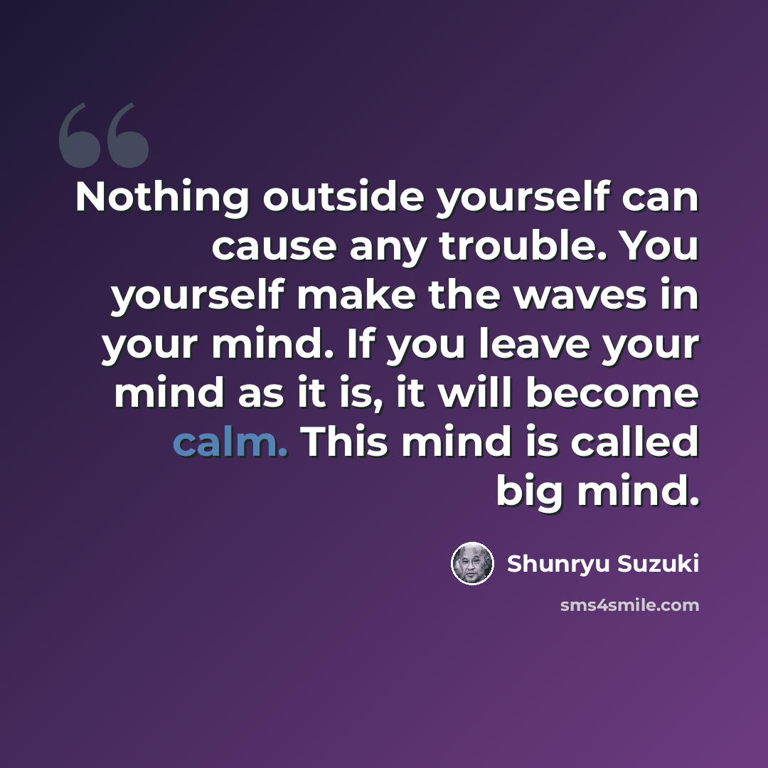 “Nothing outside yourself can cause any trouble. You yourself make the waves in your mind. If you leave your mind as it is, it will become calm. This mind is called big mind.” quote by Shunryu Suzuki
