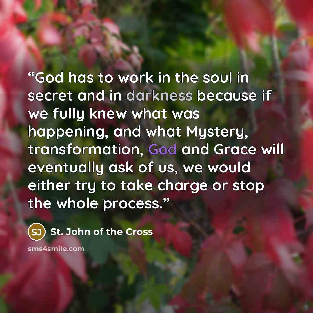 “God has to work in the soul in secret and in darkness because if we fully knew what was happening, and what Mystery, transformation, God and Grace will eventually ask of us, we would either try to take charge or stop the whole process.” quote by St. John of the Cross