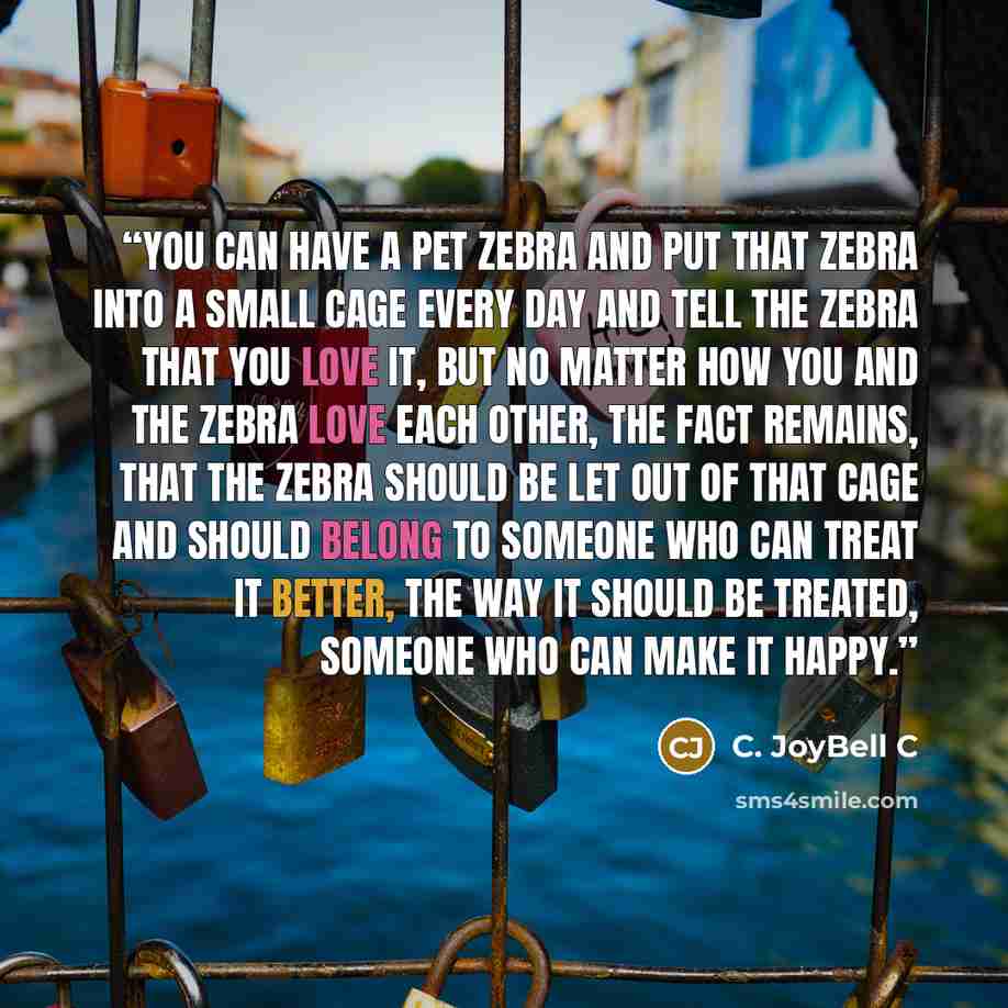 “You can have a pet zebra and put that zebra into a small cage every day and tell the zebra that you love it, but no matter how you and the zebra love each other, the fact remains, that the zebra should be let out of that cage and should belong to someone who can treat it better, the way it should…” quote by C. JoyBell C