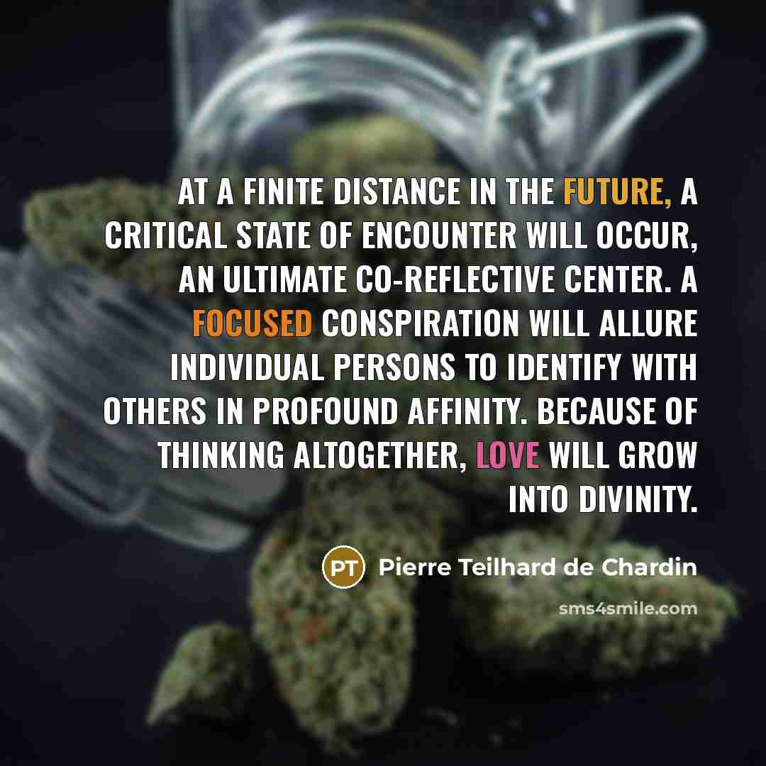 “At a finite distance in the future, a critical state of encounter will occur, an ultimate co-reflective Center. A focused conspiration will allure individual persons to identify with others in profound affinity. Because of thinking altogether, love will grow into Divinity.” quote by Pierre Teilhard de Chardin