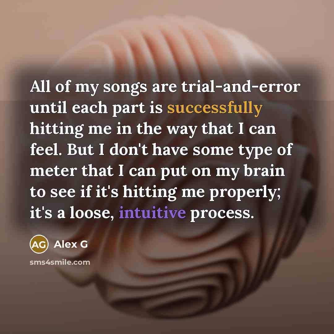 “All of my songs are trial-and-error until each part is successfully hitting me in the way that I can feel. But I don't have some type of meter that I can put on my brain to see if it's hitting me properly; it's a loose, intuitive process.” quote by Alex G