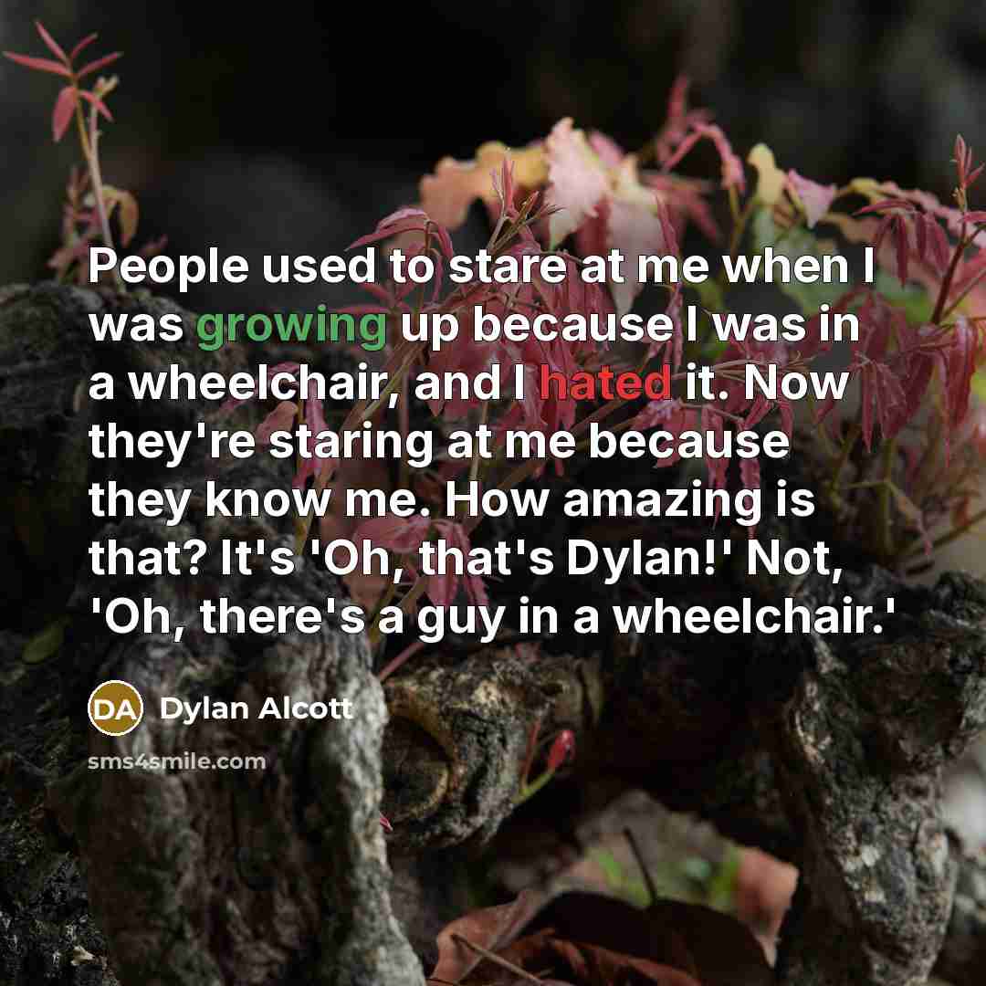“People used to stare at me when I was growing up because I was in a wheelchair, and I hated it. Now they're staring at me because they know me. How amazing is that? It's 'Oh, that's Dylan!' Not, 'Oh, there's a guy in a wheelchair.'” quote by Dylan Alcott